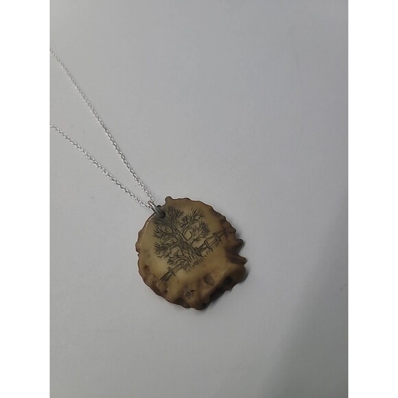 Vintage Tree Pendant Necklace Hand Etched Tree Design on Antler Look Pendant - Picture 10 of 10